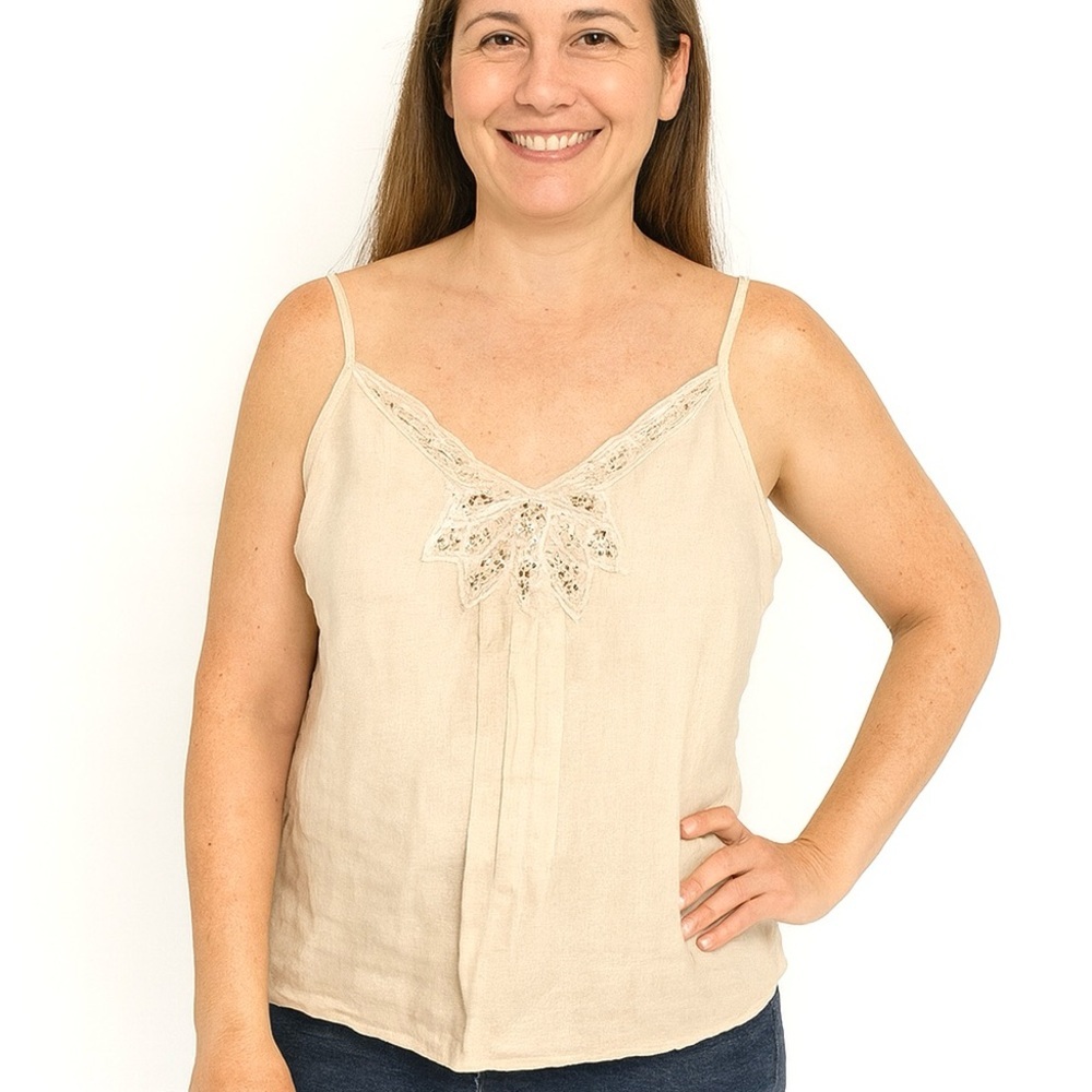 VTG‎ Carole Little 100% linen spaghetti strap Gem embellished front top, size L